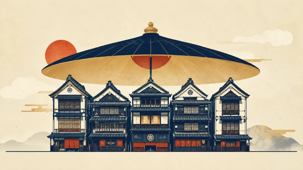 Warren Buffett's Japan bet — an editorial illustration evoking the five great trading houses under one roof