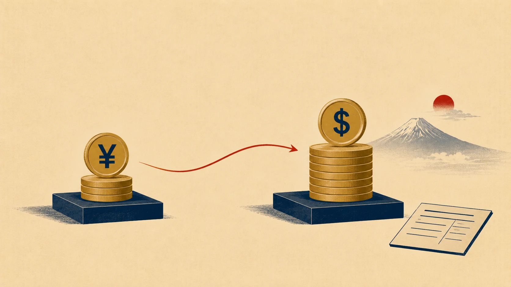 Editorial illustration of a yen dividend translated into US dollars through a spot exchange rate—a stack of yen coins on the left, a vermilion arrow with a subtle wave shape in the middle, a stack of USD coin equivalents on the right, alongside a stylized navy ledger card—representing the multi-currency reconciliation a US investor must perform for the foreign tax credit on Form 1116