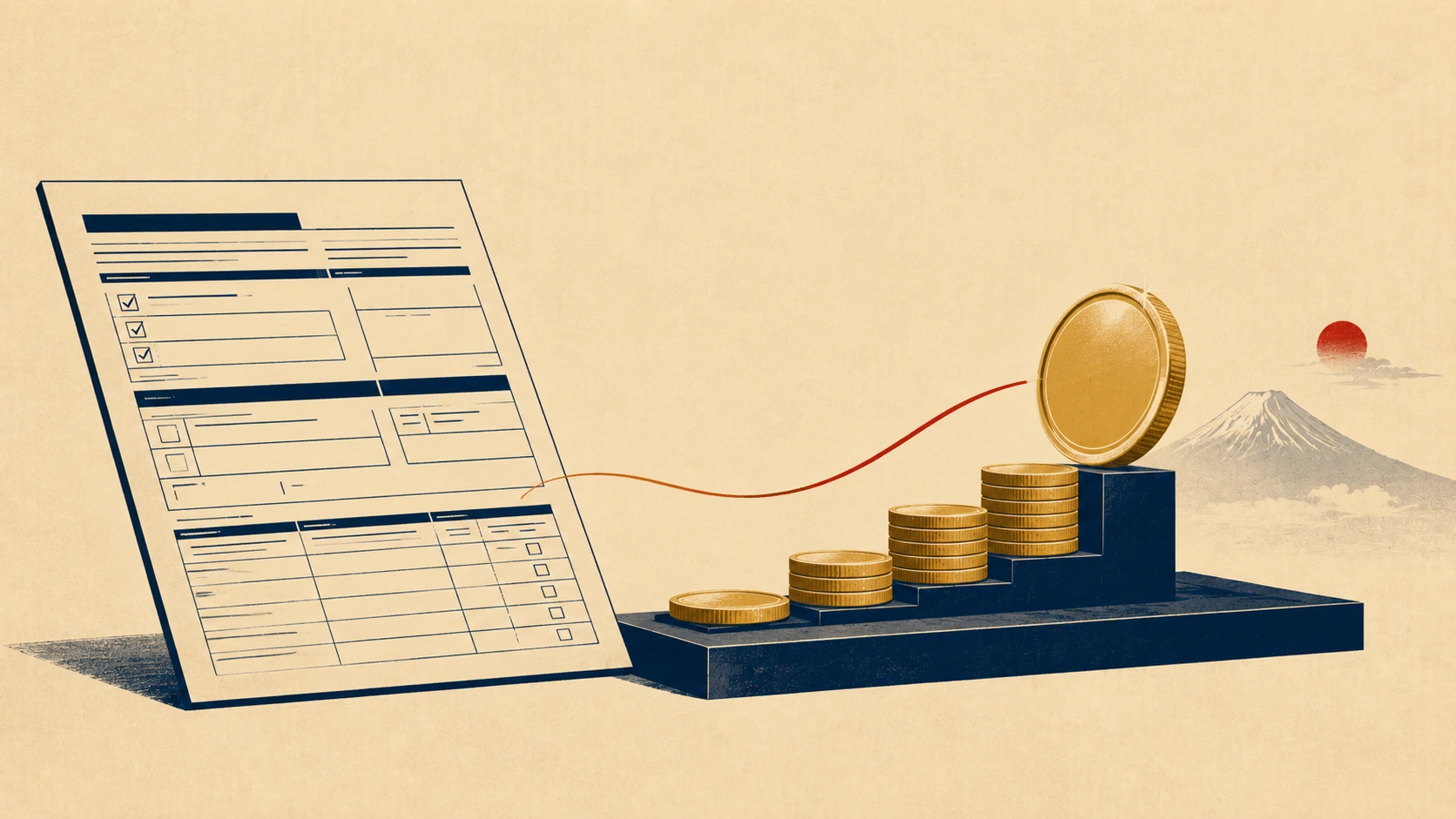 Editorial illustration of a US investor reconciling Japanese dividend withholding tax with Form 1116, showing yen coins and a stylized tax slip on a cream desk