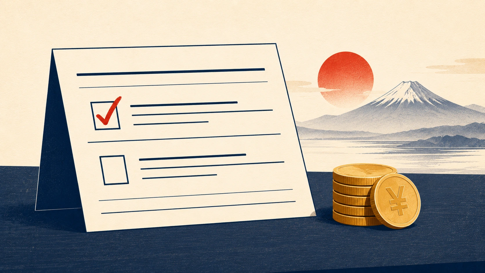 Editorial illustration of a stylized US tax form (W-8BEN) with a vermilion check mark in the treaty election box and an empty box below, alongside a small stack of yen coins, representing how the 10% Japanese dividend withholding tax treaty rate is actually elected by a US investor on Form 1116 paperwork