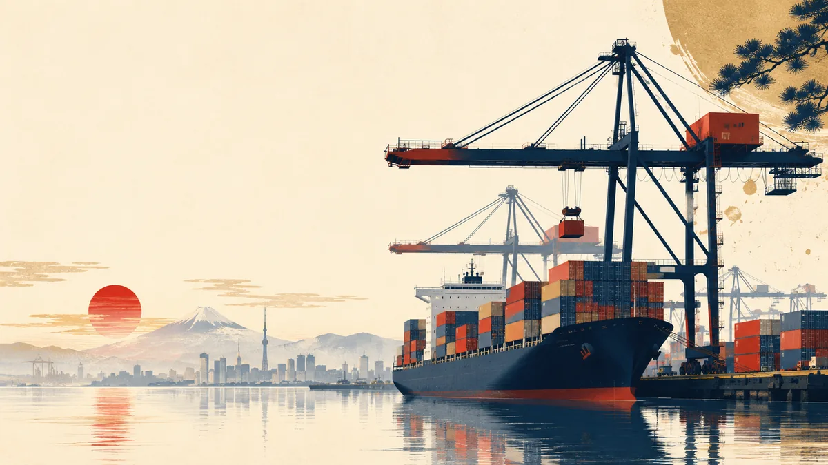 Editorial illustration of a Japanese container port with cranes and stacked containers at dawn