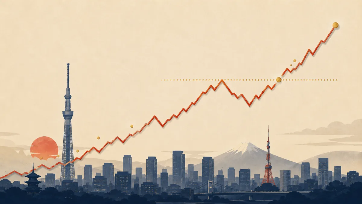 The Nikkei 225 breaking out to a new all-time high — an editorial illustration of a market peak above Tokyo