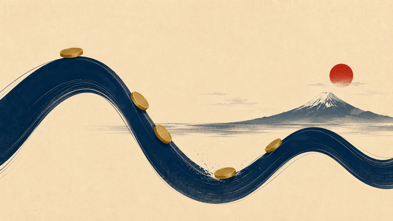 Editorial illustration of yen currency risk: undulating exchange-rate waves with yen coins, representing the FX exposure a US investor takes on